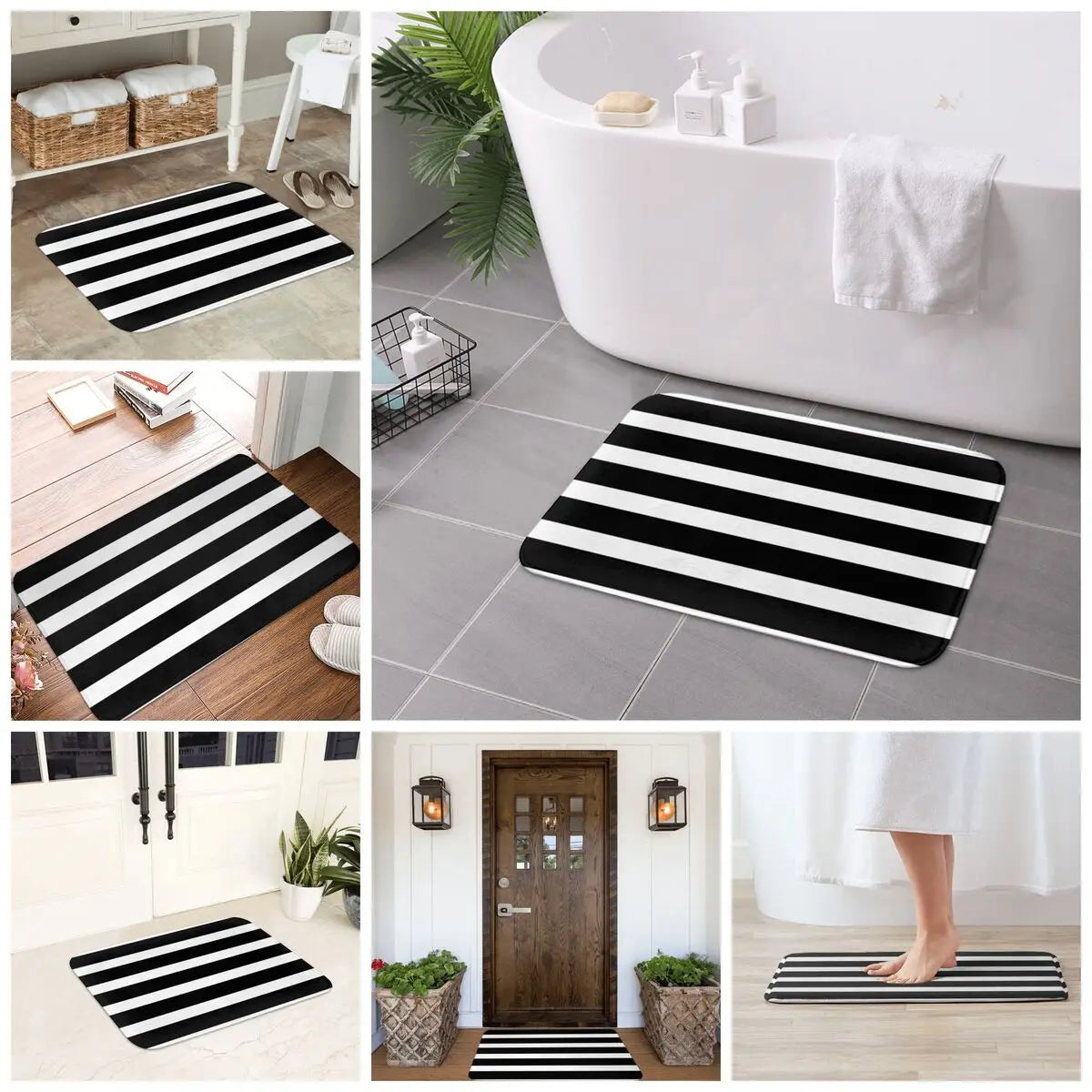 tapis de bain noir et blanc entrée